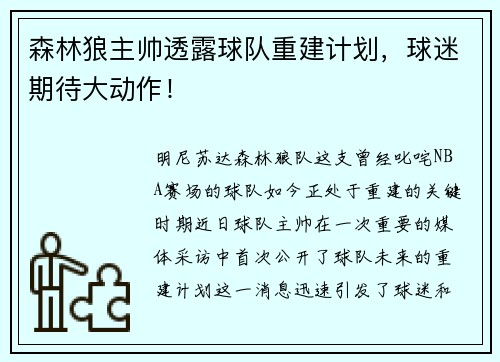 森林狼主帅透露球队重建计划，球迷期待大动作！