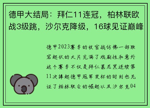 德甲大结局：拜仁11连冠，柏林联欧战3级跳，沙尔克降级，16球见证巅峰与绝望