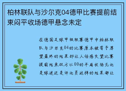 柏林联队与沙尔克04德甲比赛提前结束闷平收场德甲悬念未定