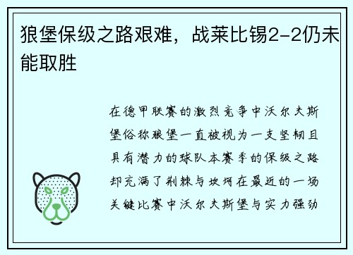 狼堡保级之路艰难，战莱比锡2-2仍未能取胜