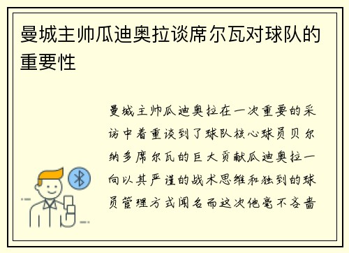 曼城主帅瓜迪奥拉谈席尔瓦对球队的重要性