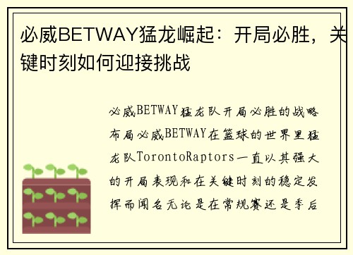 必威BETWAY猛龙崛起：开局必胜，关键时刻如何迎接挑战